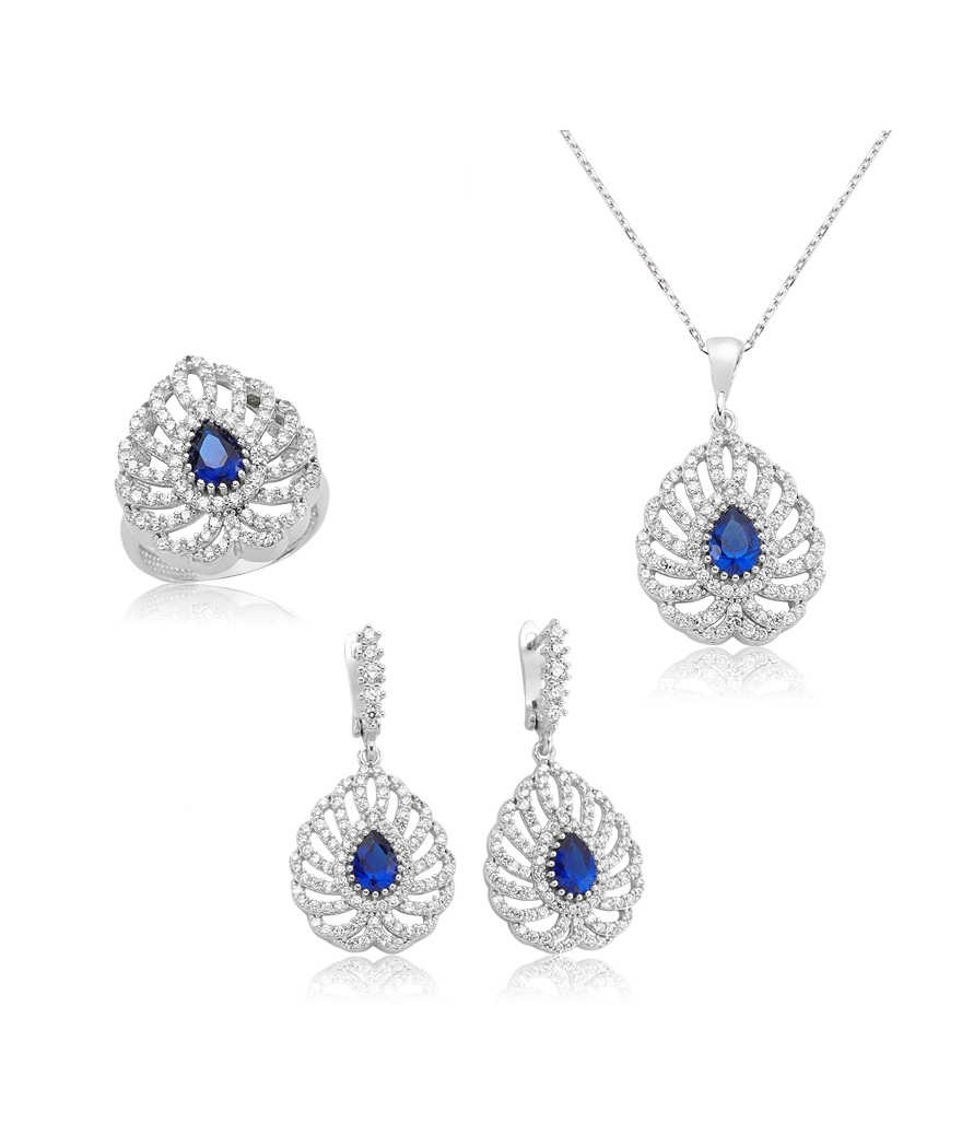 Gümüş Lacivert Damla Taşlı Bayan Set