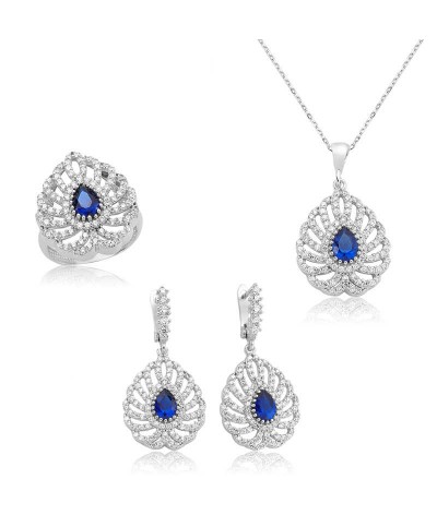 Gümüş Lacivert Damla Taşlı Bayan Set
