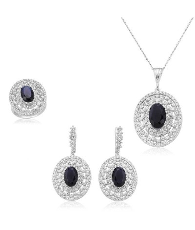 Gümüş Lacivert Oval Taşlı Bayan Set