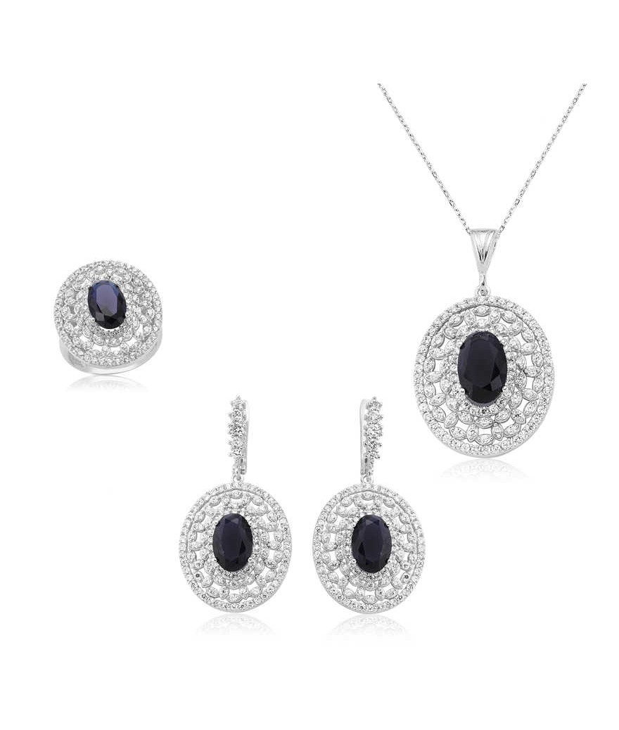 Gümüş Lacivert Oval Taşlı Bayan Set