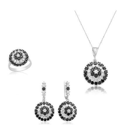 Gümüş Siyah Çiçek Bayan Set