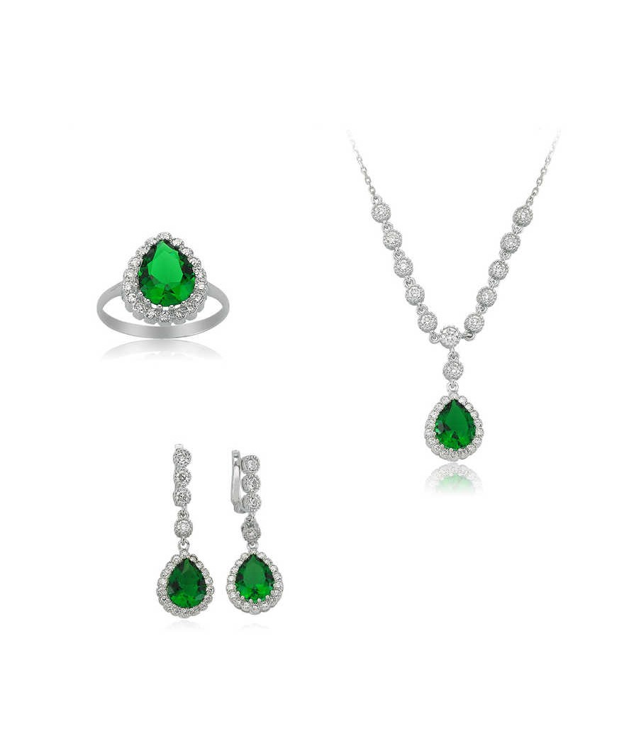 Gümüş Yeşil Taşlı Damla Bayan Set