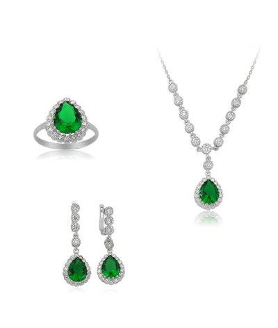 Gümüş Yeşil Taşlı Damla Bayan Set