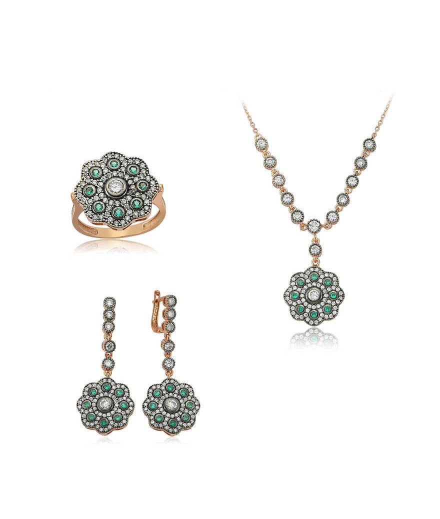 Gümüş Yeşil Taşlı Çiçek Bayan Set