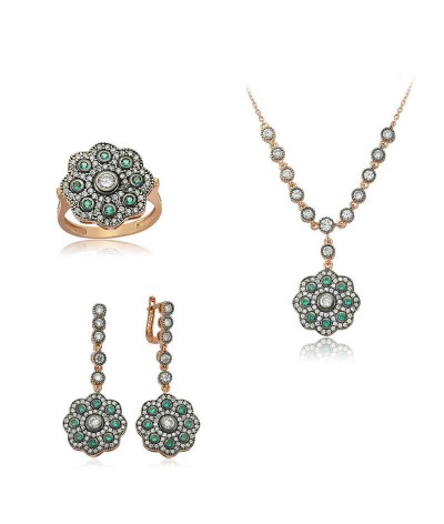 Gümüş Yeşil Taşlı Çiçek Bayan Set