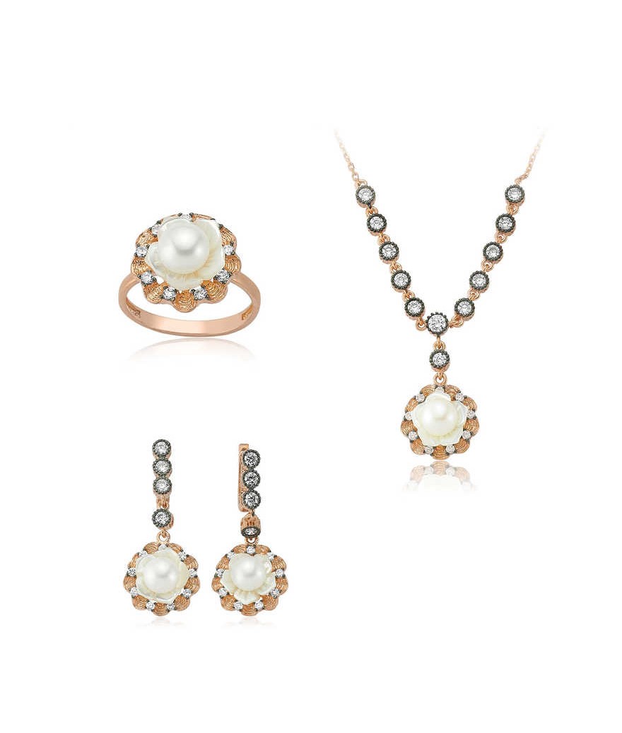 Gümüş İnci Detaylı Gül Bayan Set