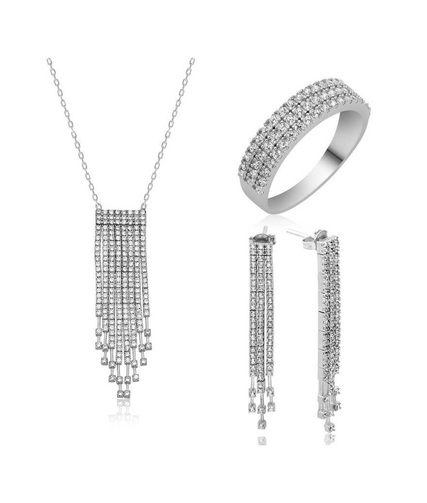 Gümüş Beyaz Taşlı Su Yolu Bayan Set