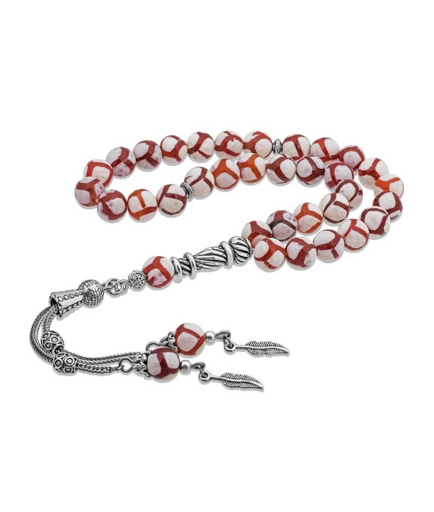 Doğaltaş Metal Püsküllü Çizgili Akik Taşı Tesbih