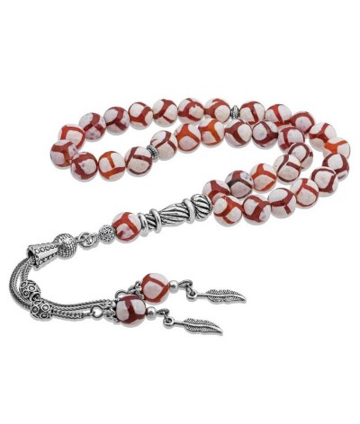 Doğaltaş Metal Püsküllü Çizgili Akik Taşı Tesbih