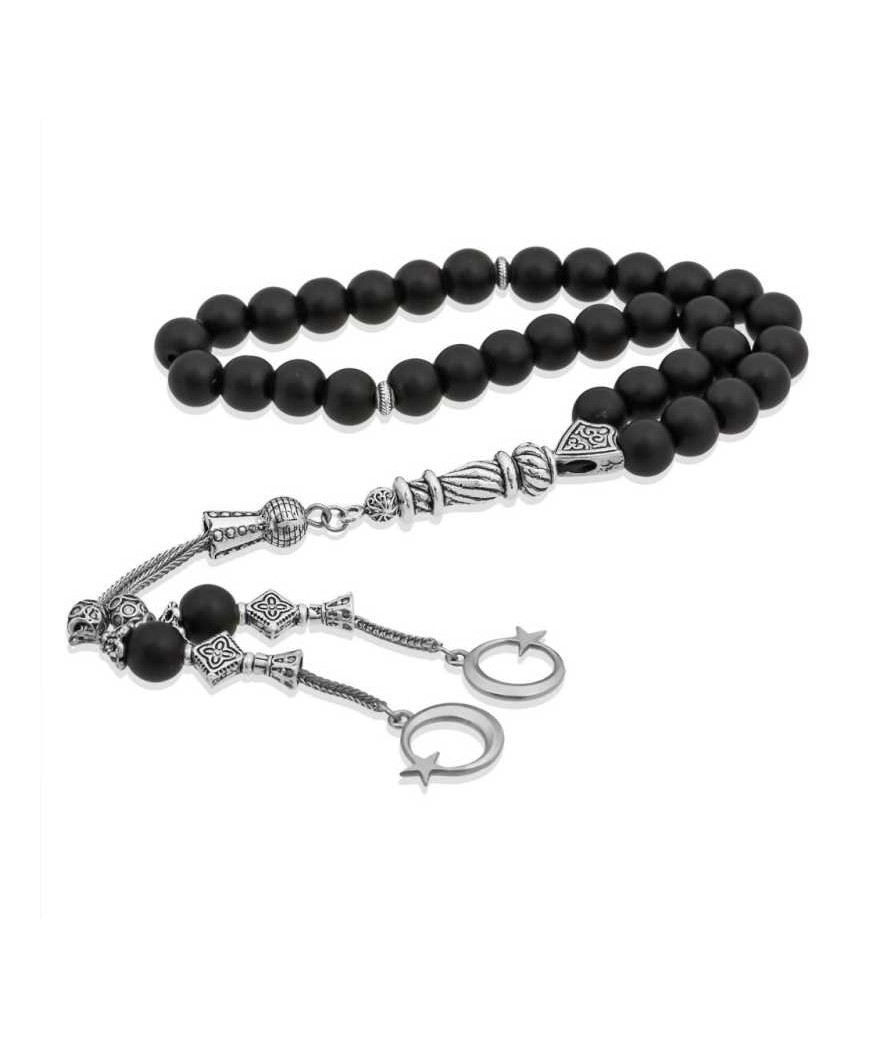 Doğaltaş Metal Püsküllü Oniks Siyah Mat Taşlı Tesbih