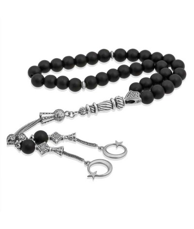 Doğaltaş Metal Püsküllü Oniks Siyah Mat Taşlı Tesbih