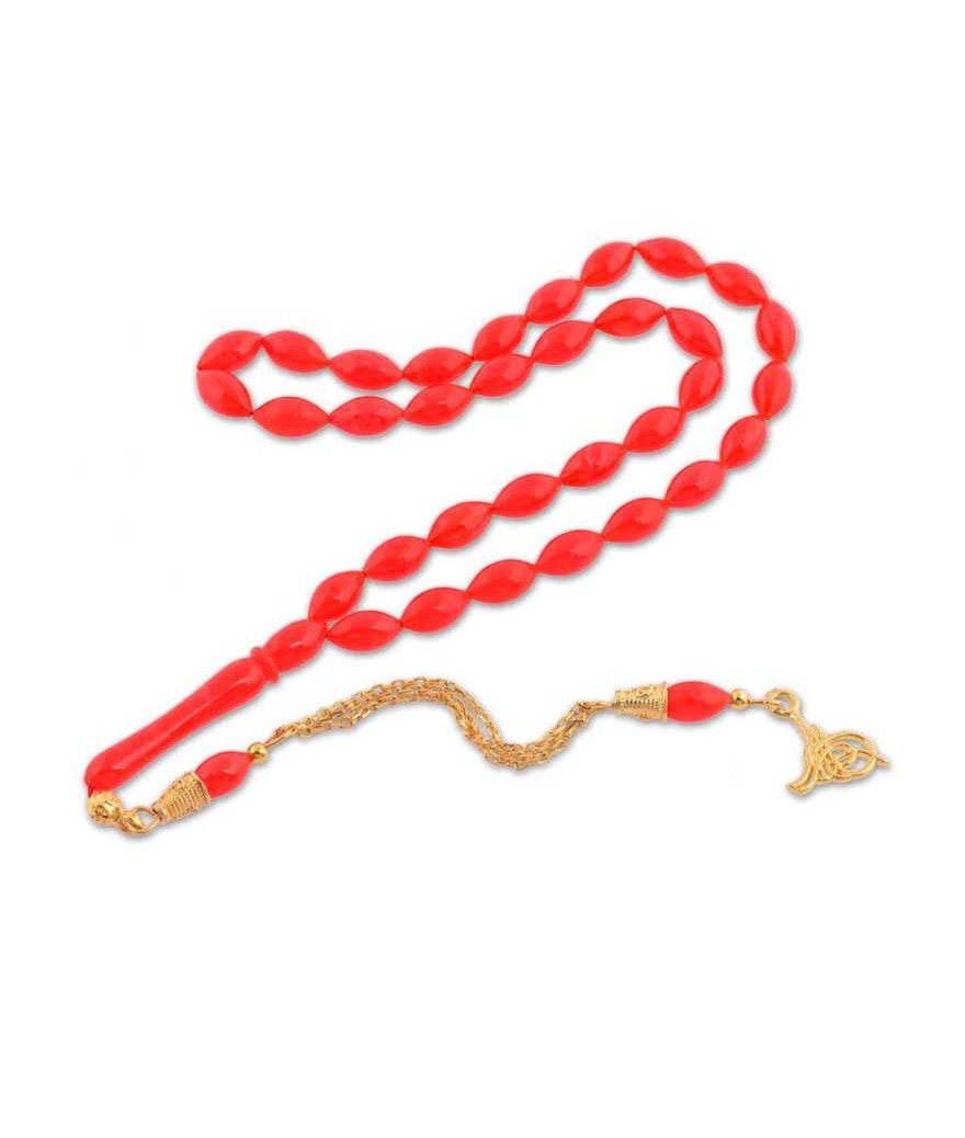 Gümüş Tuğra Püsküllü Kırmızı Sıkma Kehribar Tesbih