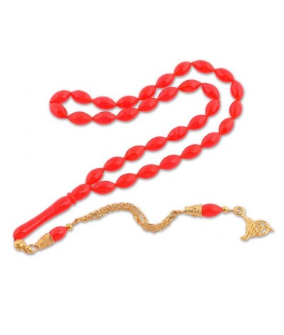 Gümüş Tuğra Püsküllü Kırmızı Sıkma Kehribar Tesbih