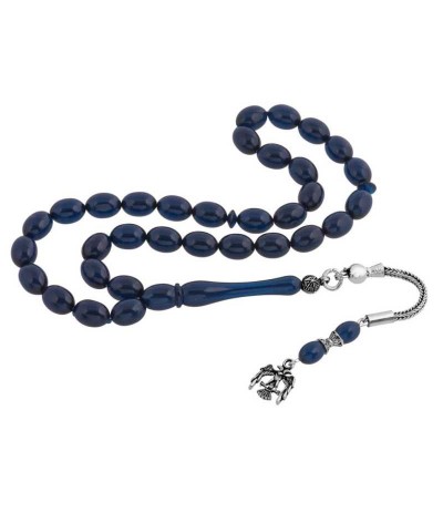 Gümüş Püsküllü Mavi Sıkma Kehribar Tesbih