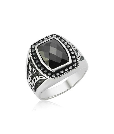 Gümüş Siyah Taşlı Erkek Yüzük