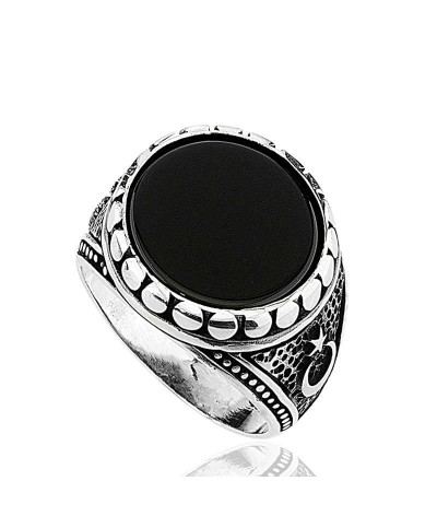 Gümüş Siyah Taşlı Erkek Yüzük
