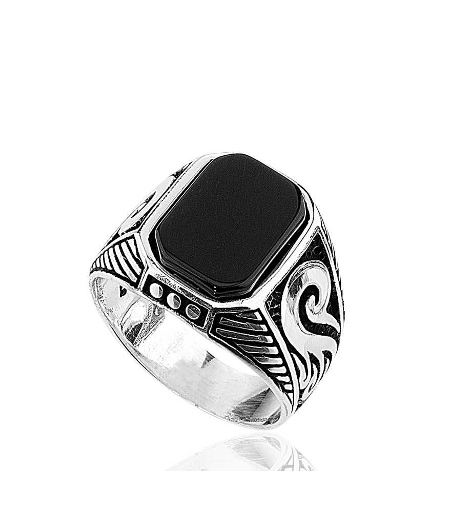 Gümüş Siyah Taşlı Erkek Yüzük