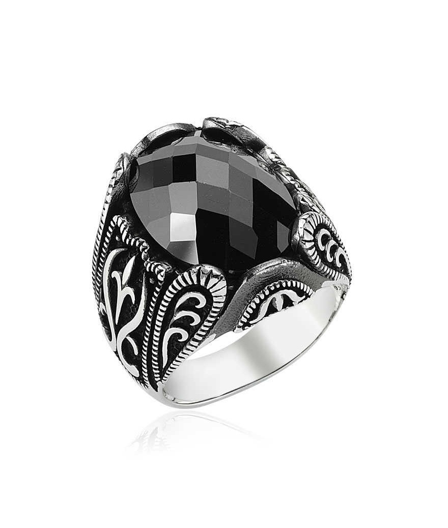 Gümüş Siyah Taşlı Erkek Yüzük