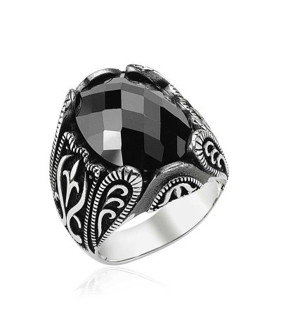 Gümüş Siyah Taşlı Erkek Yüzük