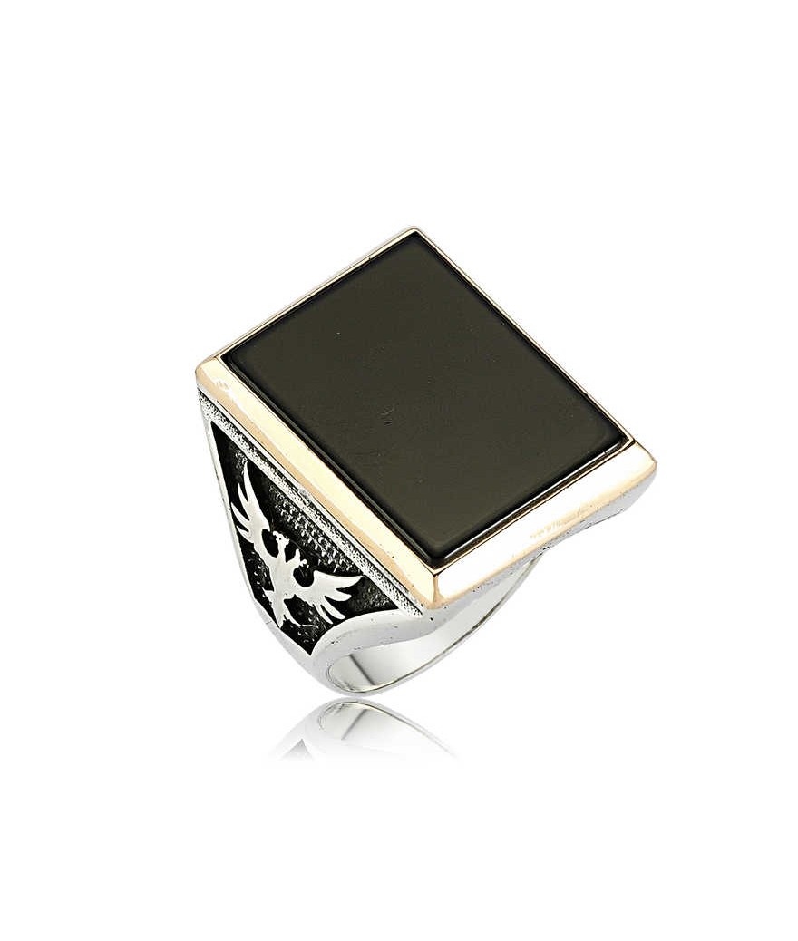 Gümüş Siyah Taşlı Çift Başlı Kartal Erkek Yüzük