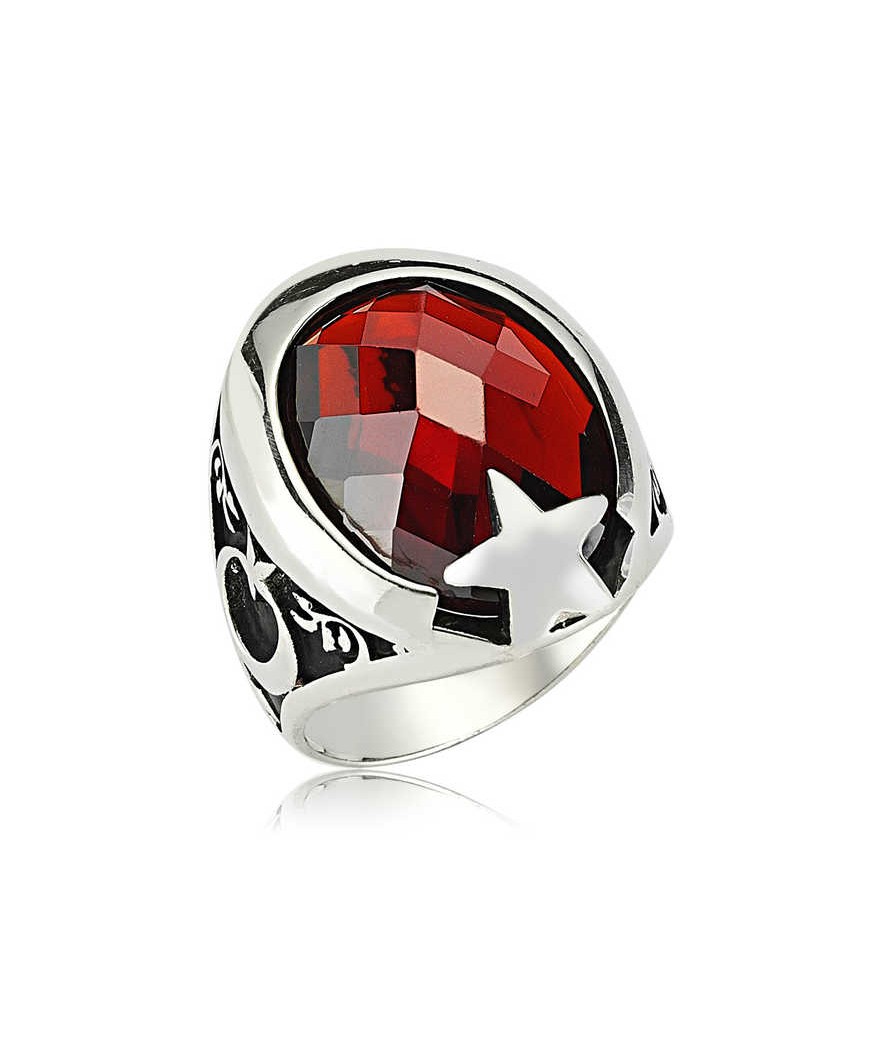 Gümüş Kırmızı Taşlı Ay Yıldız Erkek Yüzük
