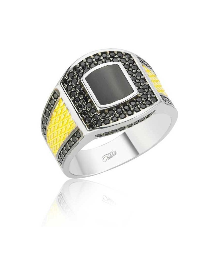Gümüş Siyah Taşlı Erkek Yüzük