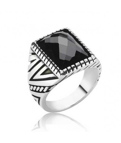 Gümüş Siyah Kesme Taşlı Erkek Yüzük