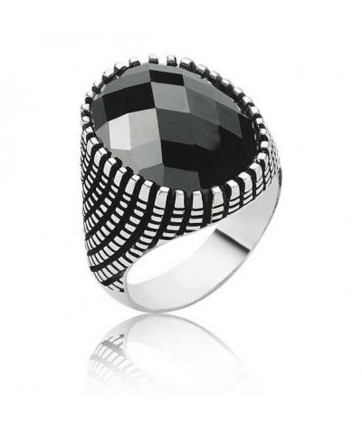 Gümüş Siyah Kesme Taşlı Erkek Yüzük