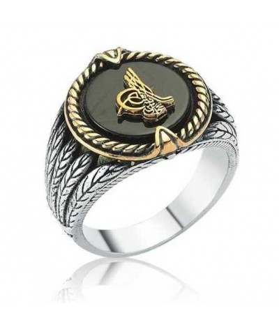 Gümüş Siyah Taşlı Tuğralı Erkek Yüzük