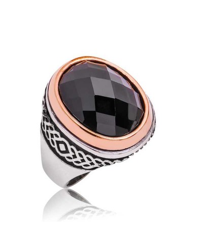 Gümüş Siyah Kesme Taşlı Erkek Yüzük