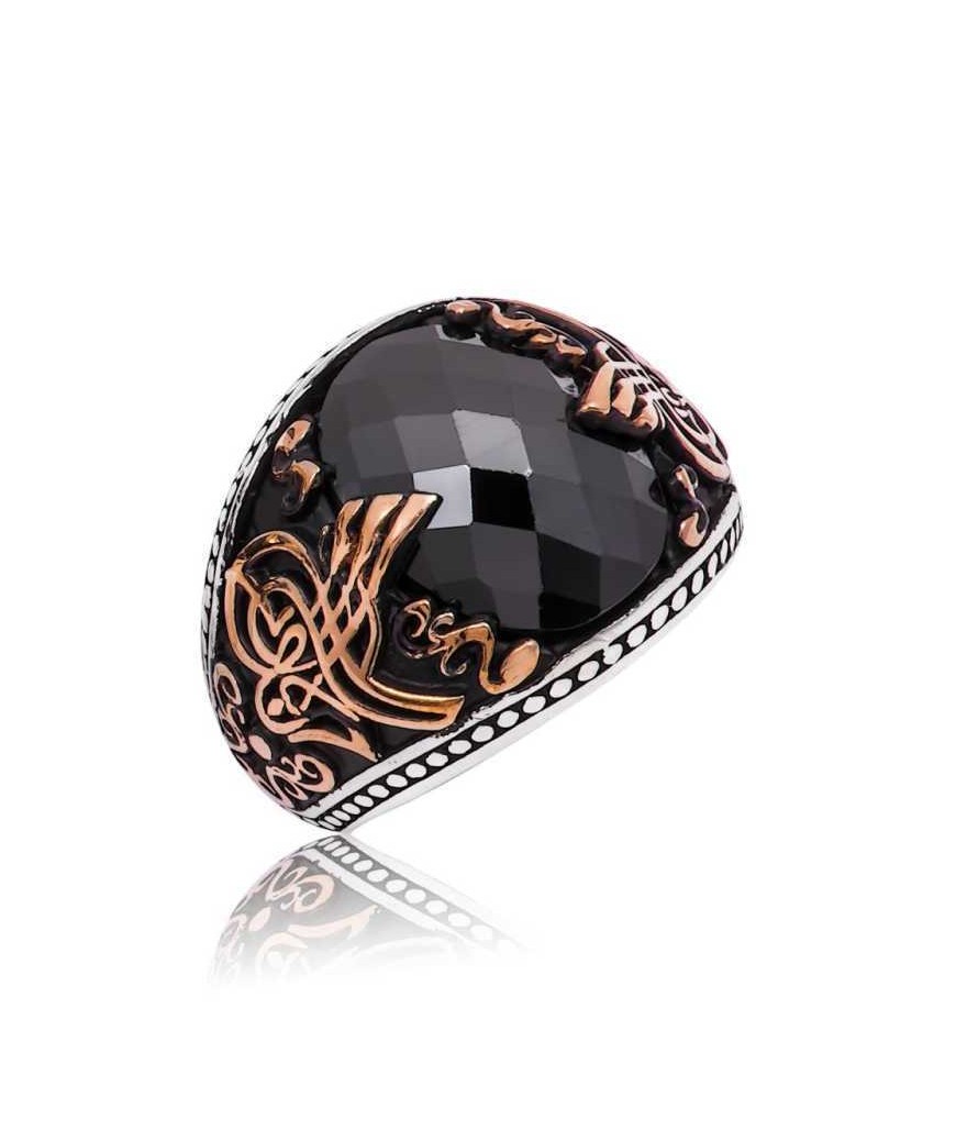 Gümüş Siyah Taşlı Tuğralı Erkek Yüzük