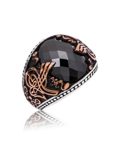 Gümüş Siyah Taşlı Tuğralı Erkek Yüzük