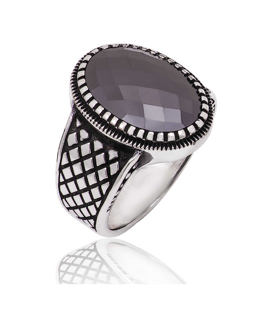 Gümüş Siyah Taşlı Erkek Yüzük