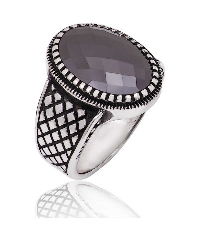 Gümüş Siyah Taşlı Erkek Yüzük