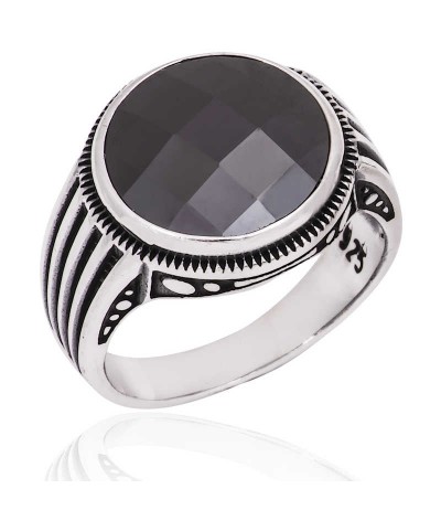 Gümüş Siyah Taşlı Erkek Yüzük