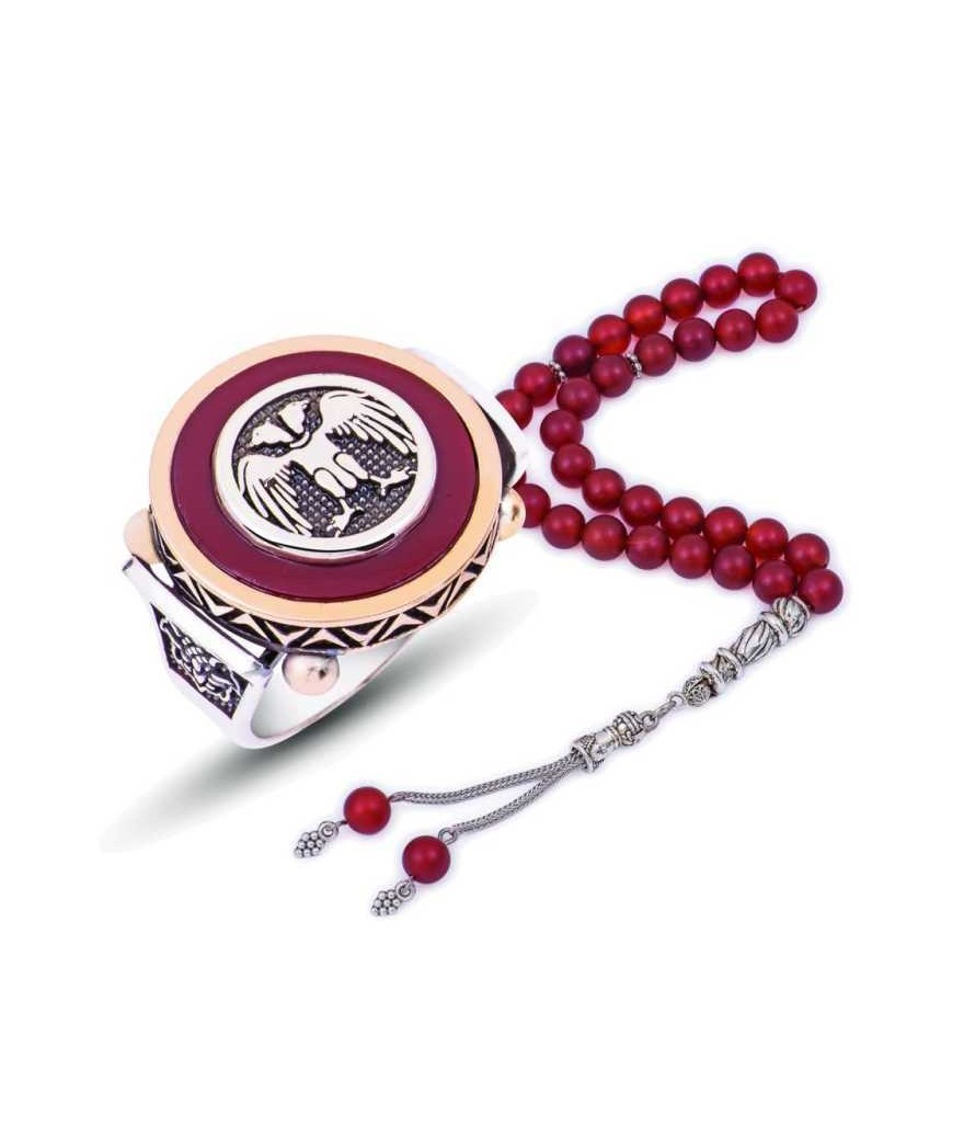 Gümüş Kahverengi Abanoz Çift Başlı Kartal Yüzük