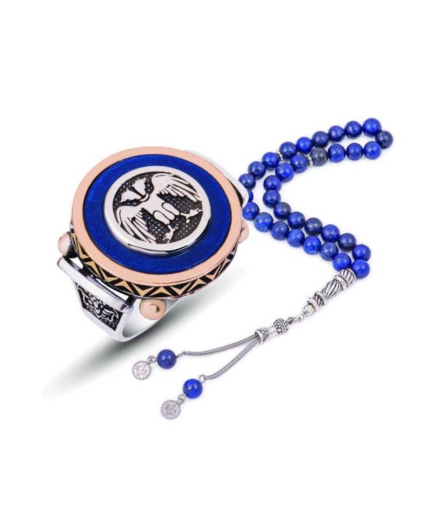 Gümüş Mavi Abanoz Çift Başlı Kartal Yüzük