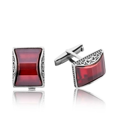 Gümüş Kırmızı Taşlı Kol Düğmesi