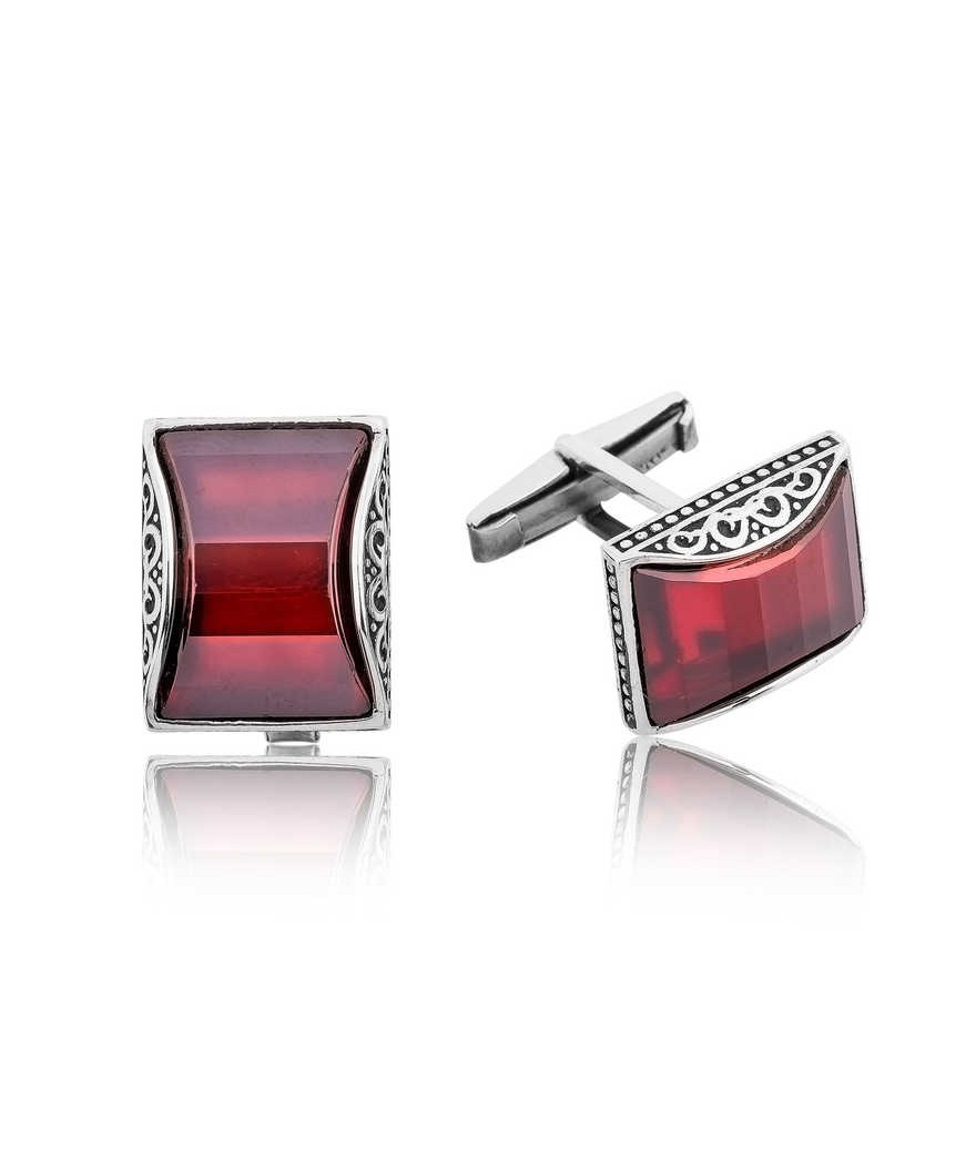 Gümüş Kırmızı Taşlı Kol Düğmesi