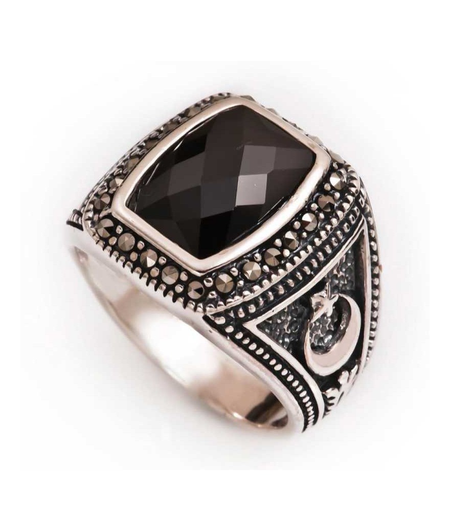 Gümüş Markazit Taşlı Ay Yıldız Erkek Yüzük