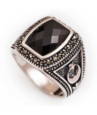 Gümüş Markazit Taşlı Ay Yıldız Erkek Yüzük