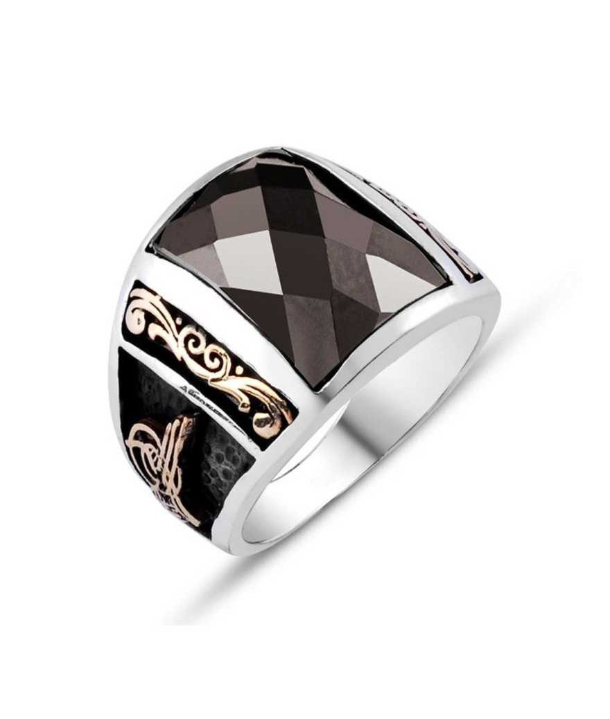 Gümüş Siyah Taşlı Tuğralı Erkek Yüzük