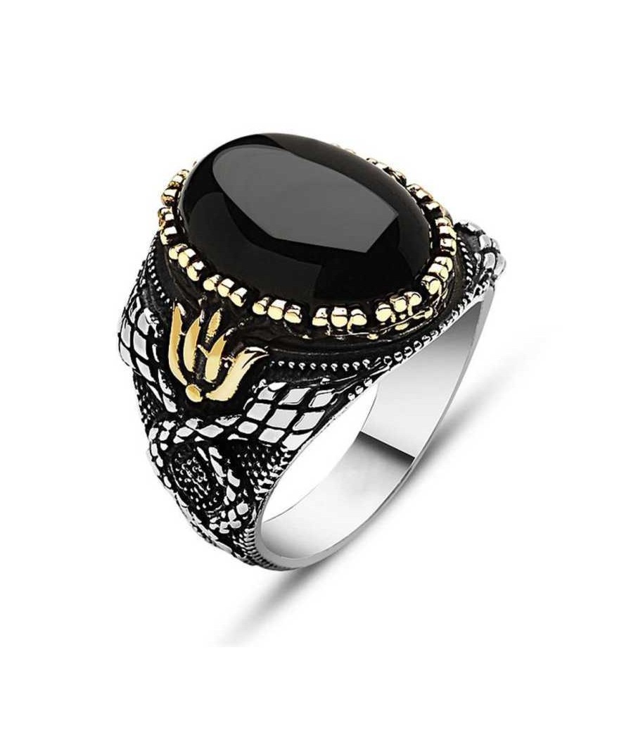 Gümüş Siyah Taşlı Erkek Yüzük