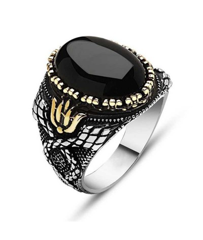 Gümüş Siyah Taşlı Erkek Yüzük