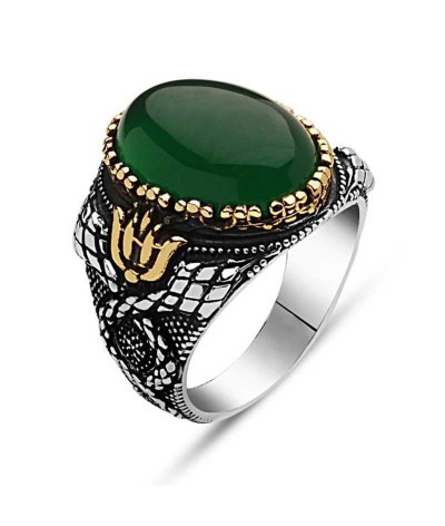 Gümüş Yeşil Akik Taşlı Erkek Yüzük