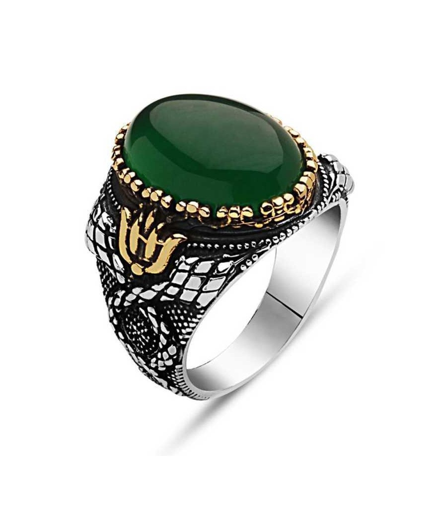 Gümüş Yeşil Akik Taşlı Erkek Yüzük