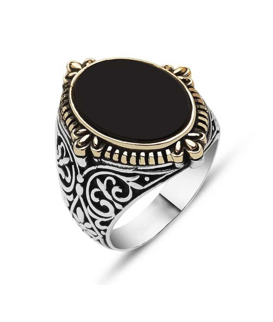 Gümüş Siyah Taşlı Çiçek Desenli Erkek Yüzük