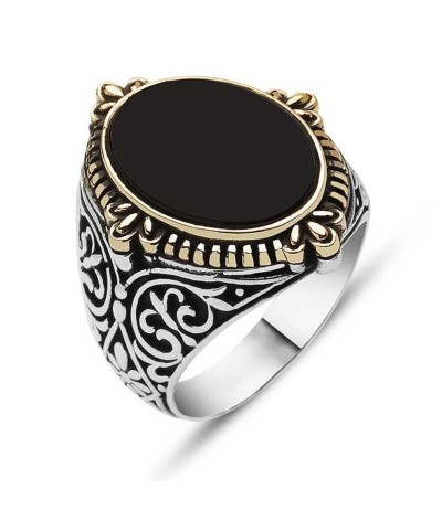 Gümüş Siyah Taşlı Çiçek Desenli Erkek Yüzük