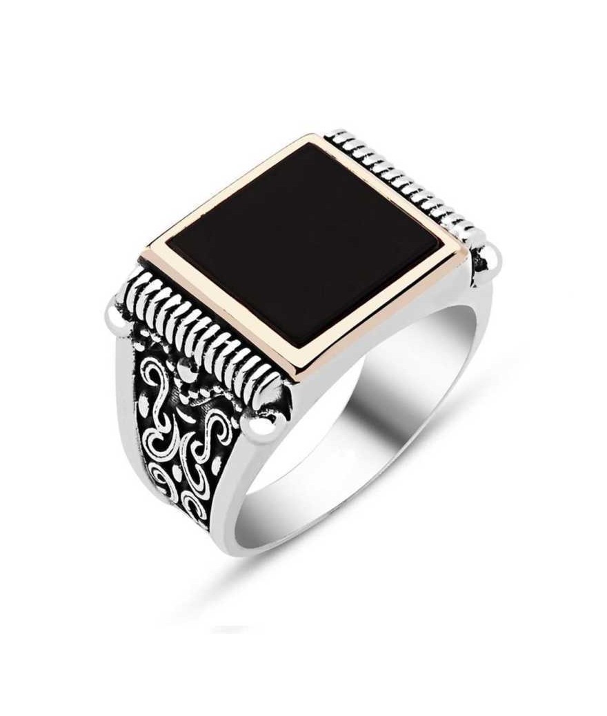 Gümüş Siyah Taşlı Erkek Yüzük