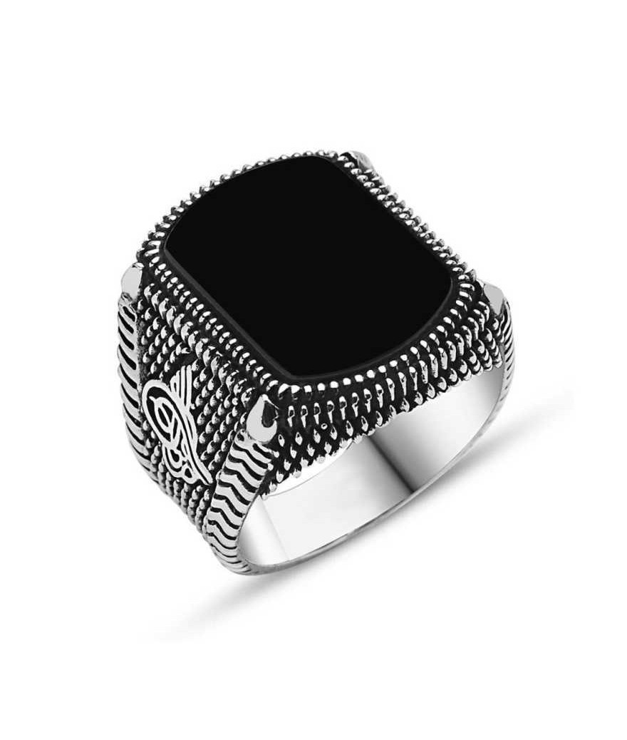 Gümüş Siyah Taşlı Tuğralı Erkek Yüzük